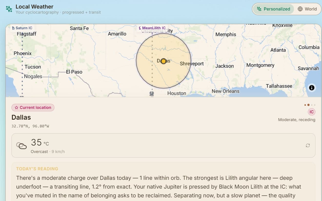 The Conditions page: today's cyclocartography lines over Dallas, with the local weather and the day's written reading