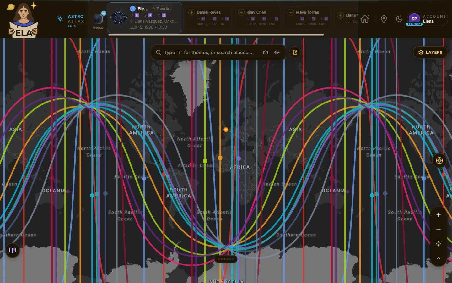 ELA Map: astrocartography lines for every planet drawn across an interactive dark world map