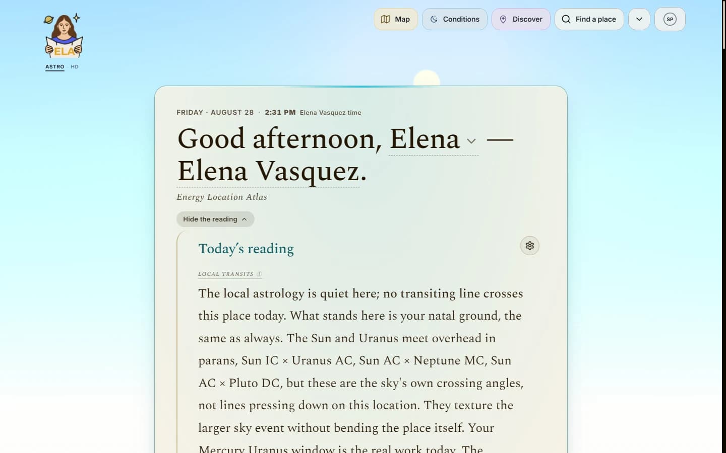 The Today page: a personal greeting and today's written reading for the user's location