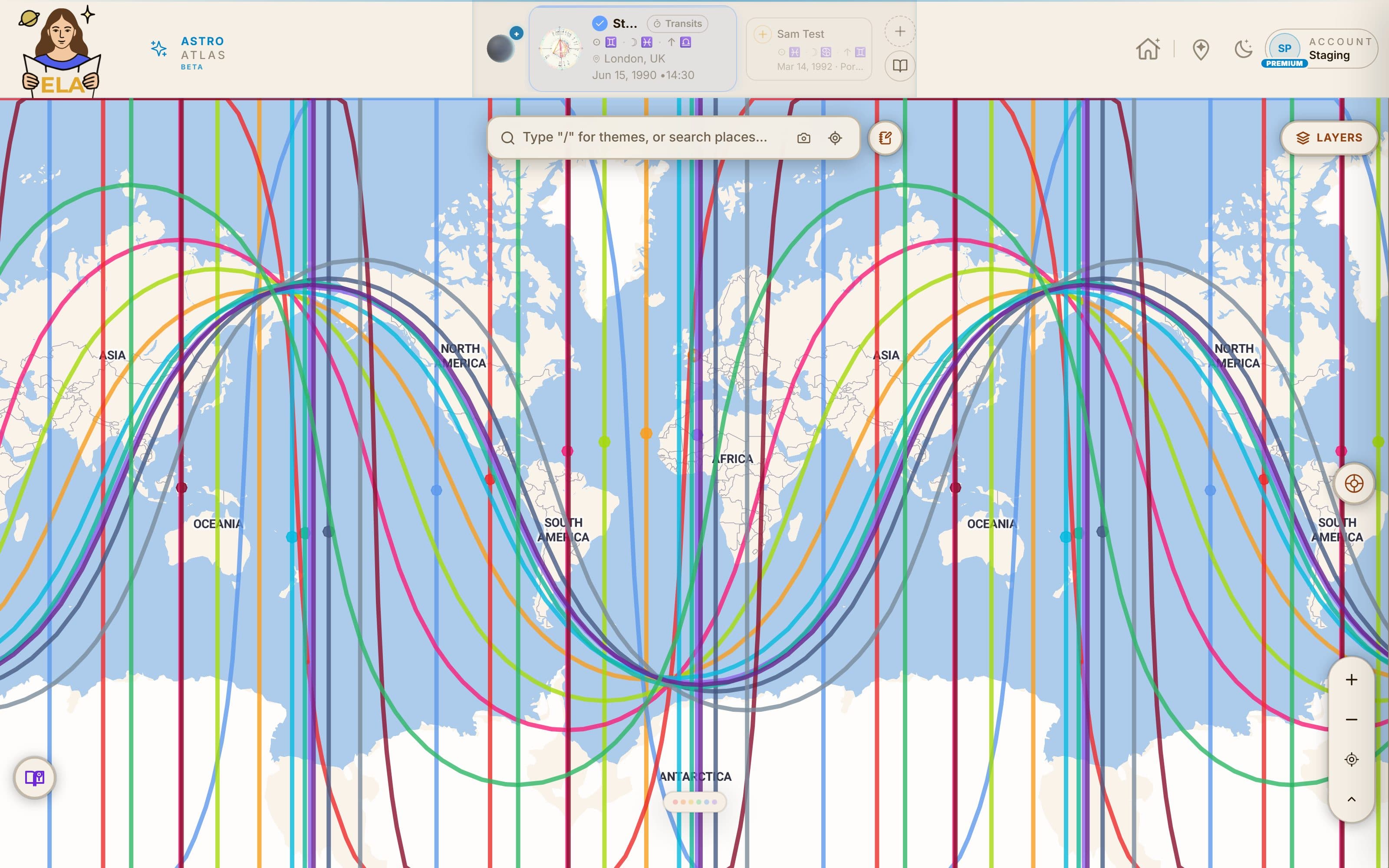 The ELA Map app showing astrocartography lines for all planets across the world map
