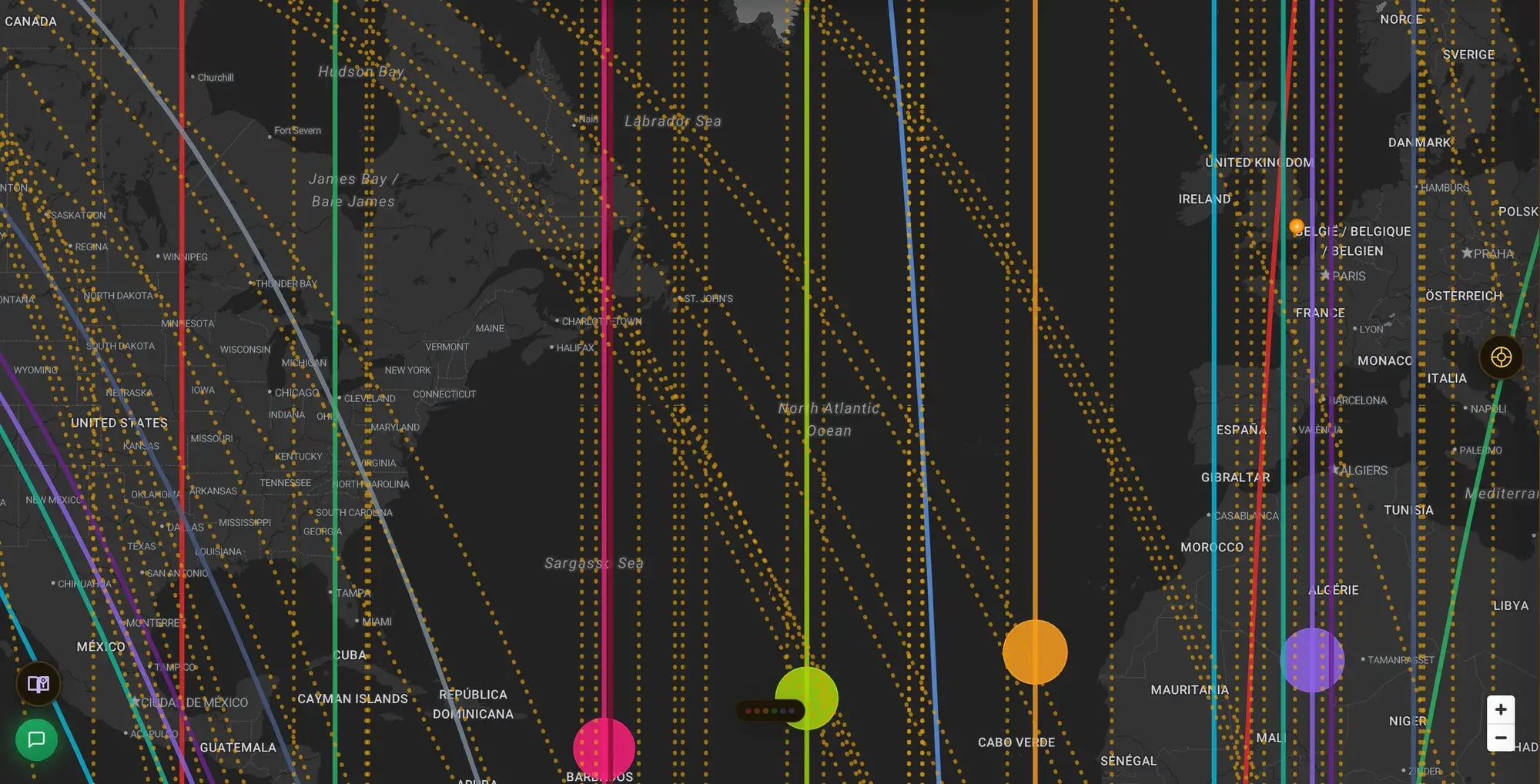 ELA Map with two people's astrocartography charts overlaid on one globe across the Atlantic, each person's lines in a distinct color for comparison